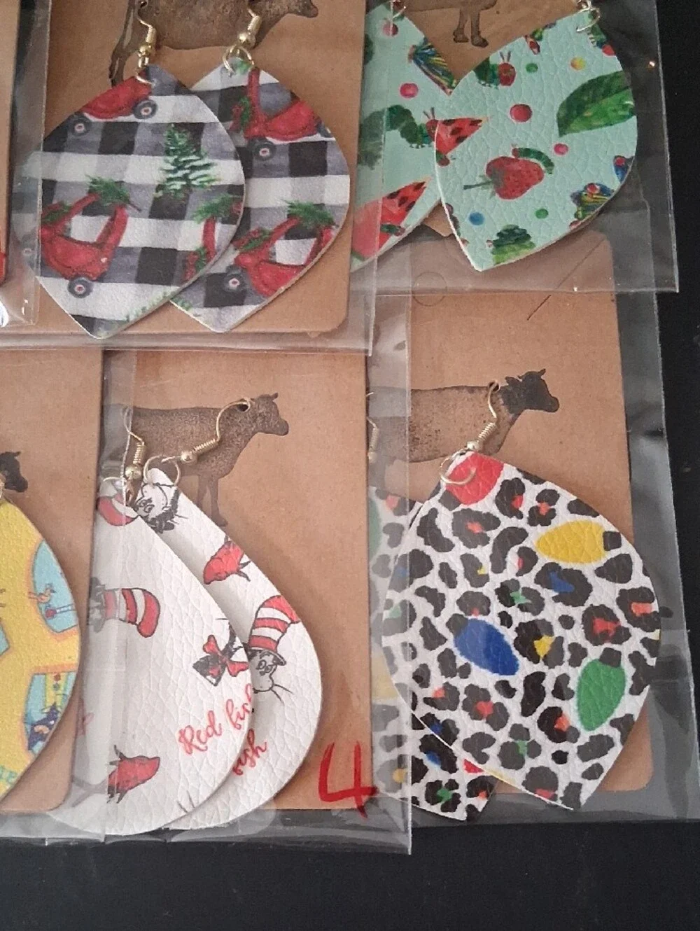 8 Pairs Christmas Tree & Red Pattern Lightweight Teardrop Earrings.